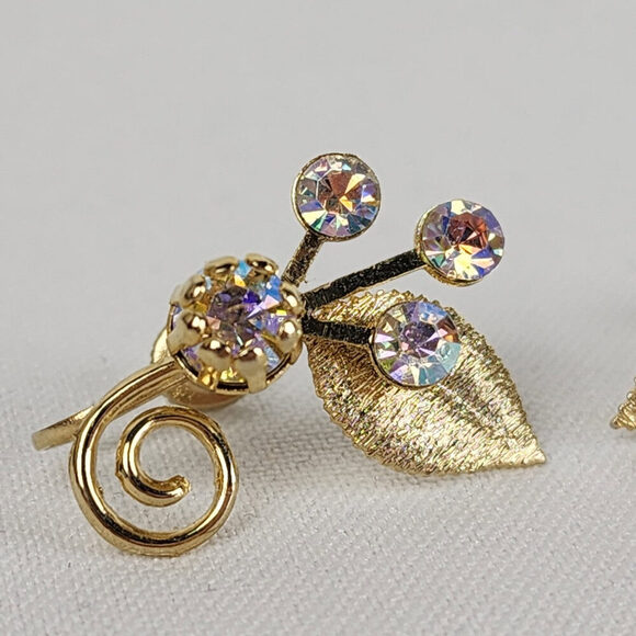 Vintage Gold Tone AB Rhinestone Screw Back Earrings - Picture 2 of 6